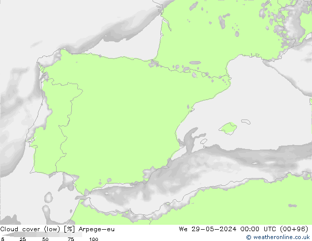 Cloud cover (low) Arpege-eu We 29.05.2024 00 UTC