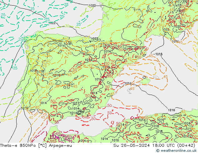 Theta-e 850гПа Arpege-eu Вс 26.05.2024 18 UTC