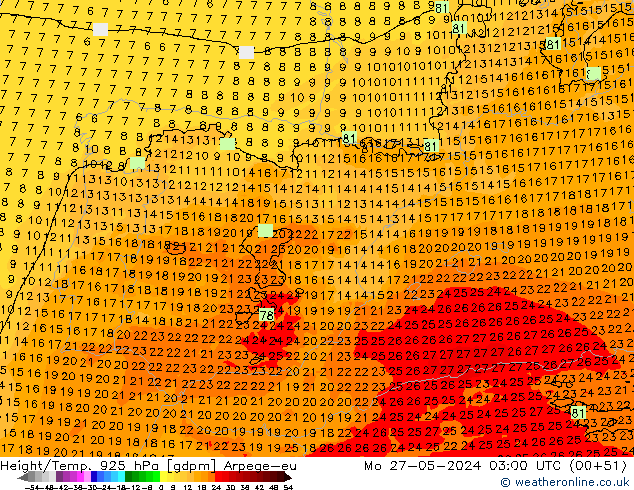 Hoogte/Temp. 925 hPa Arpege-eu ma 27.05.2024 03 UTC