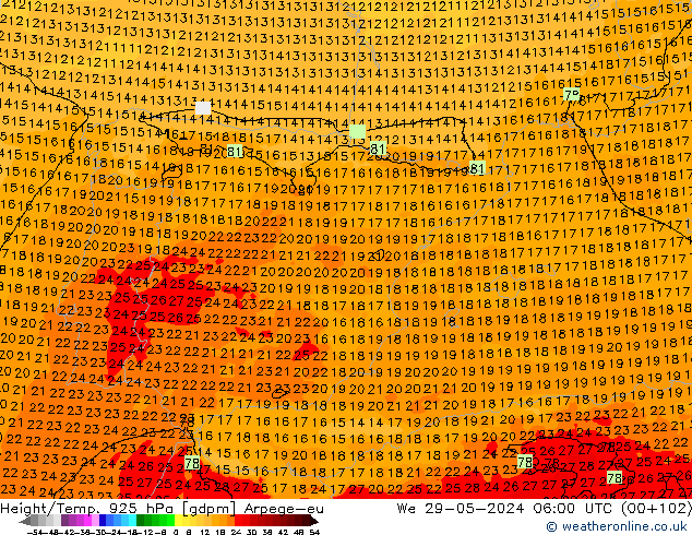 Géop./Temp. 925 hPa Arpege-eu mer 29.05.2024 06 UTC