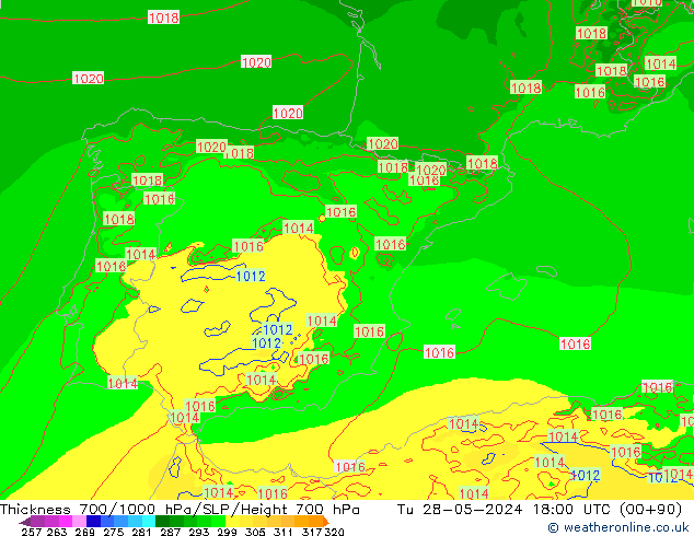 Espesor 700-1000 hPa Arpege-eu mar 28.05.2024 18 UTC