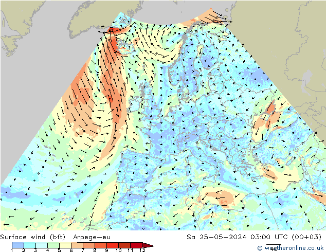 Surface wind (bft) Arpege-eu Sa 25.05.2024 03 UTC