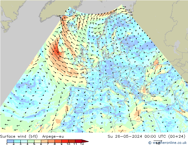 Wind 10 m (bft) Arpege-eu zo 26.05.2024 00 UTC