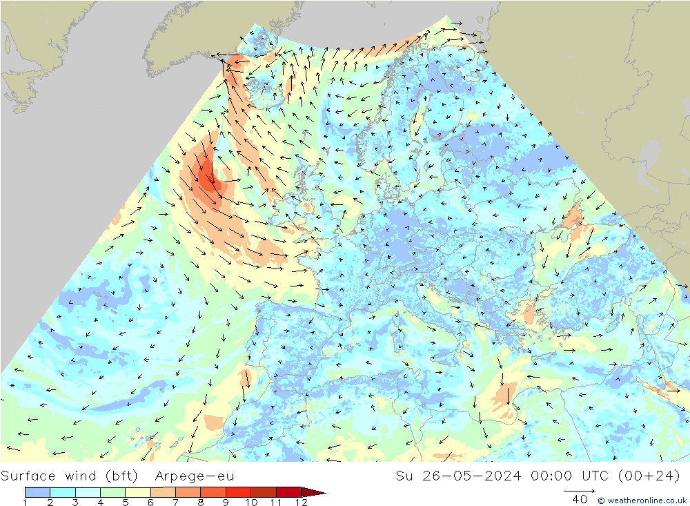 Bodenwind (bft) Arpege-eu So 26.05.2024 00 UTC