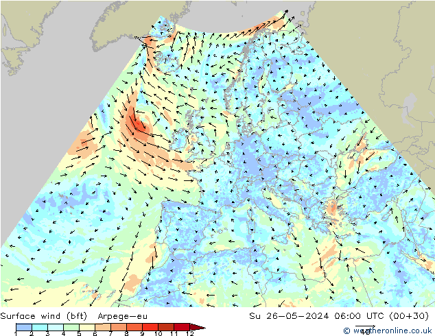 Surface wind (bft) Arpege-eu Su 26.05.2024 06 UTC