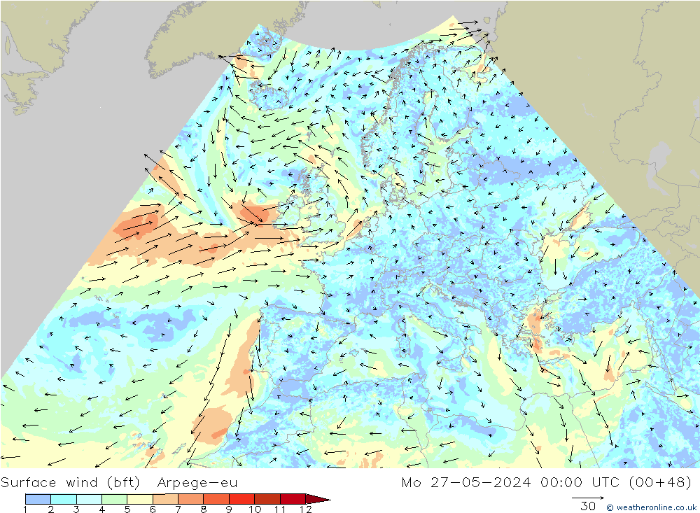 Bodenwind (bft) Arpege-eu Mo 27.05.2024 00 UTC