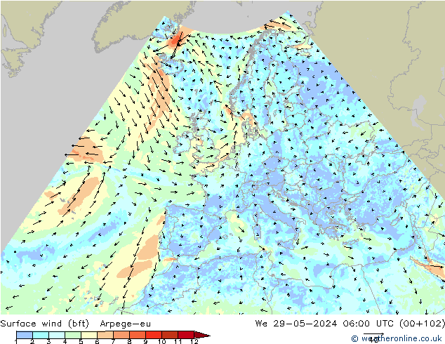 Bodenwind (bft) Arpege-eu Mi 29.05.2024 06 UTC