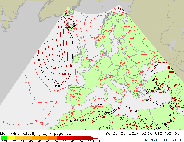 Max. wind velocity Arpege-eu Sáb 25.05.2024 03 UTC