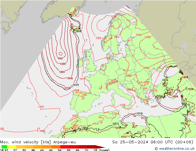 Max. wind velocity Arpege-eu So 25.05.2024 06 UTC