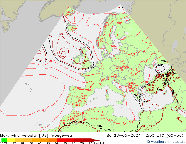 Max. wind snelheid Arpege-eu zo 26.05.2024 12 UTC