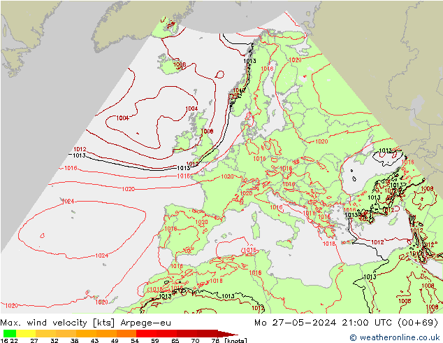 Max. wind velocity Arpege-eu lun 27.05.2024 21 UTC