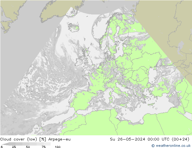 Cloud cover (low) Arpege-eu Su 26.05.2024 00 UTC