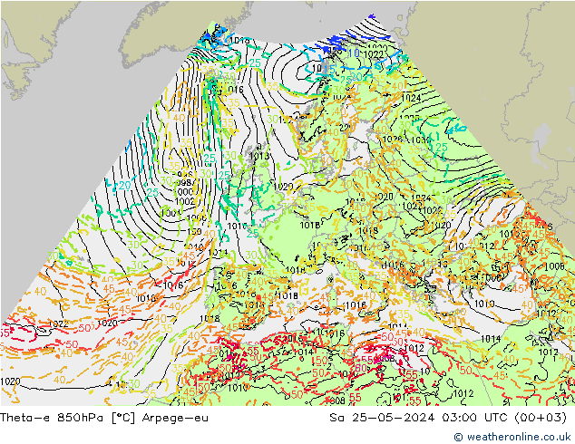 Theta-e 850hPa Arpege-eu sáb 25.05.2024 03 UTC