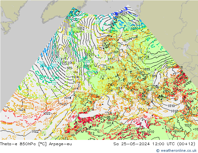 Theta-e 850hPa Arpege-eu Sa 25.05.2024 12 UTC