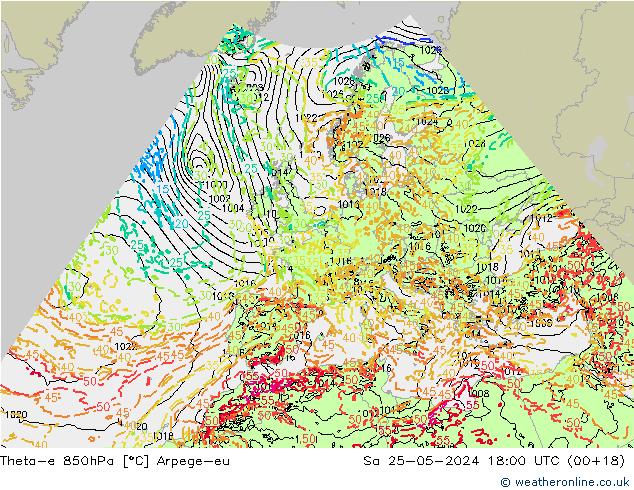 Theta-e 850hPa Arpege-eu so. 25.05.2024 18 UTC