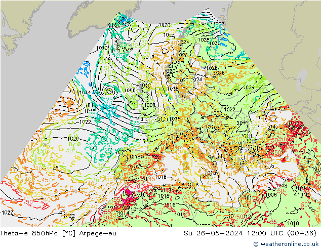 Theta-e 850hPa Arpege-eu Su 26.05.2024 12 UTC