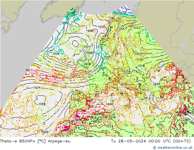 Theta-e 850гПа Arpege-eu вт 28.05.2024 00 UTC