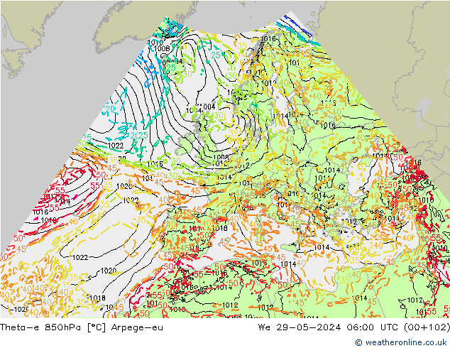 Theta-e 850hPa Arpege-eu wo 29.05.2024 06 UTC