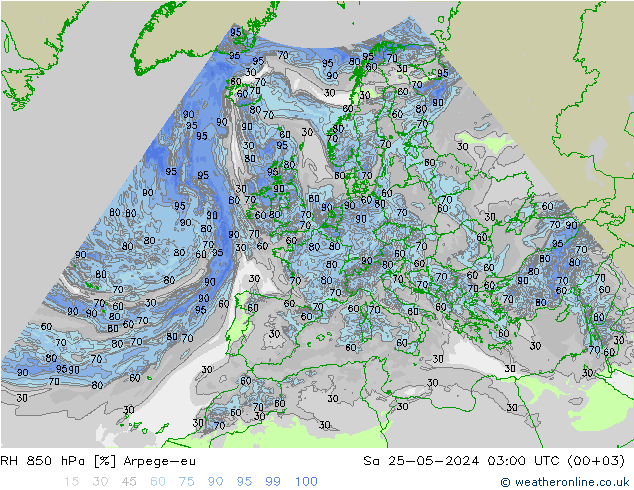 RH 850 hPa Arpege-eu 星期六 25.05.2024 03 UTC