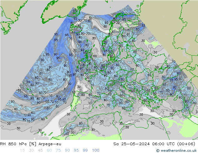 RH 850 hPa Arpege-eu Sa 25.05.2024 06 UTC