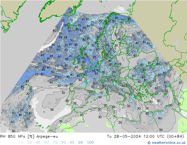 RH 850 hPa Arpege-eu Tu 28.05.2024 12 UTC