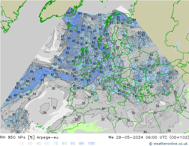 RH 850 гПа Arpege-eu ср 29.05.2024 06 UTC