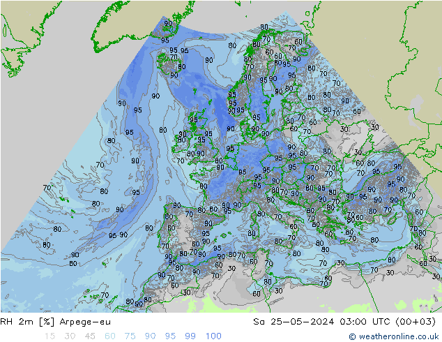 RH 2m Arpege-eu 星期六 25.05.2024 03 UTC