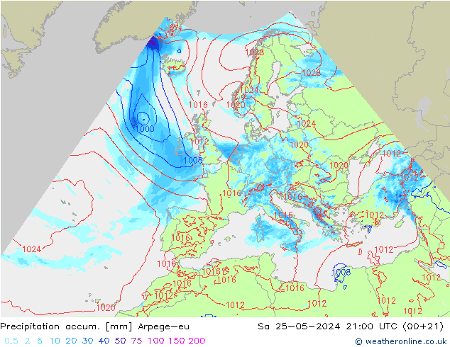 Precipitation accum. Arpege-eu Sa 25.05.2024 21 UTC