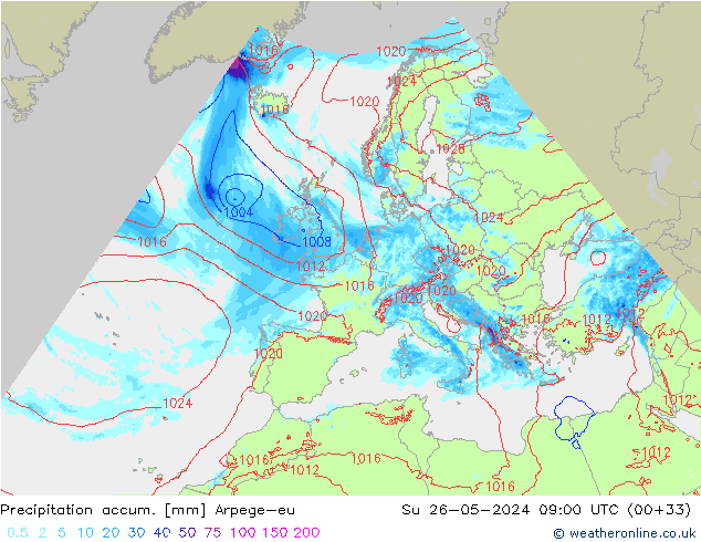 Précipitation accum. Arpege-eu dim 26.05.2024 09 UTC