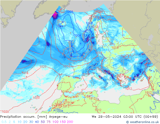Totale neerslag Arpege-eu wo 29.05.2024 03 UTC