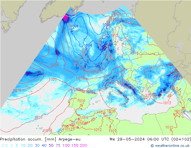 Totale neerslag Arpege-eu wo 29.05.2024 06 UTC