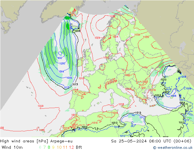 High wind areas Arpege-eu sab 25.05.2024 06 UTC