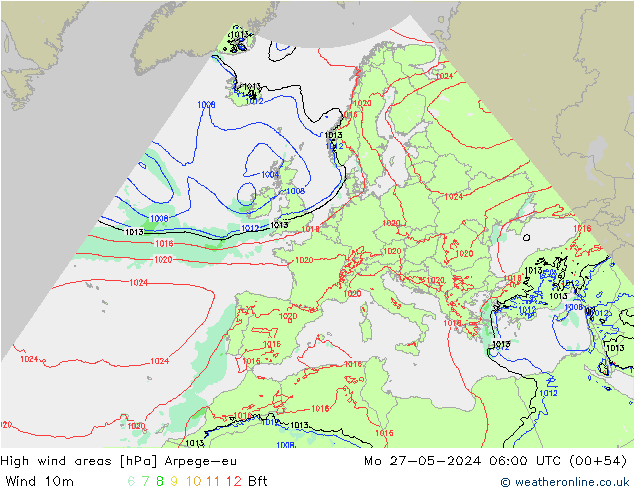 High wind areas Arpege-eu пн 27.05.2024 06 UTC