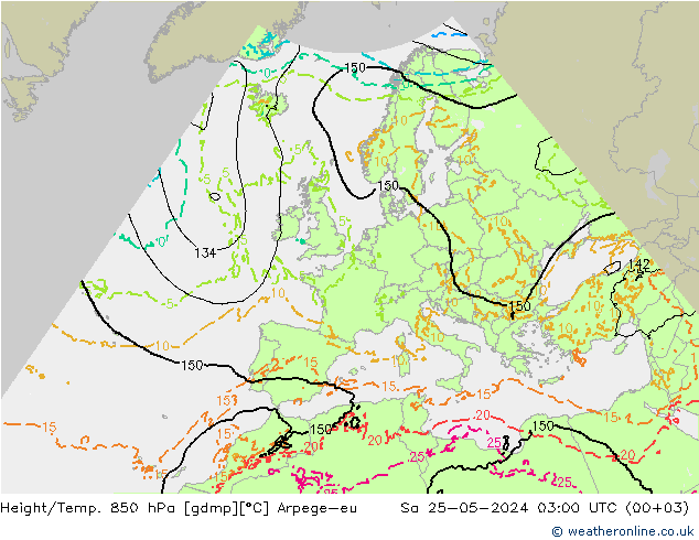 Height/Temp. 850 hPa Arpege-eu 星期六 25.05.2024 03 UTC