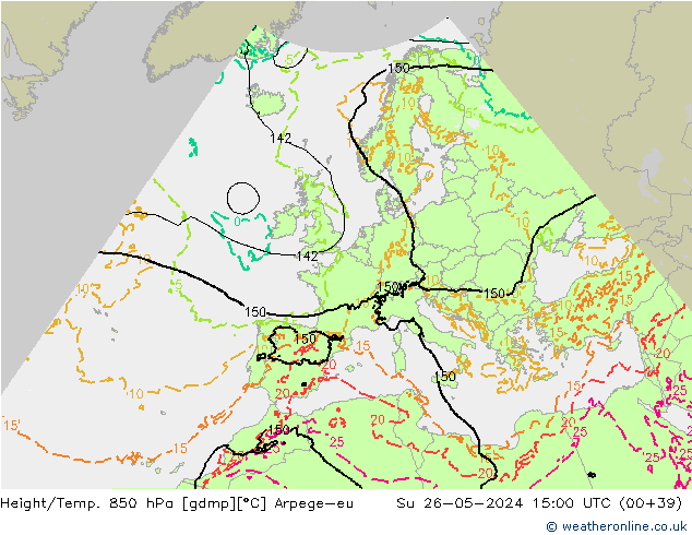 Height/Temp. 850 гПа Arpege-eu Вс 26.05.2024 15 UTC