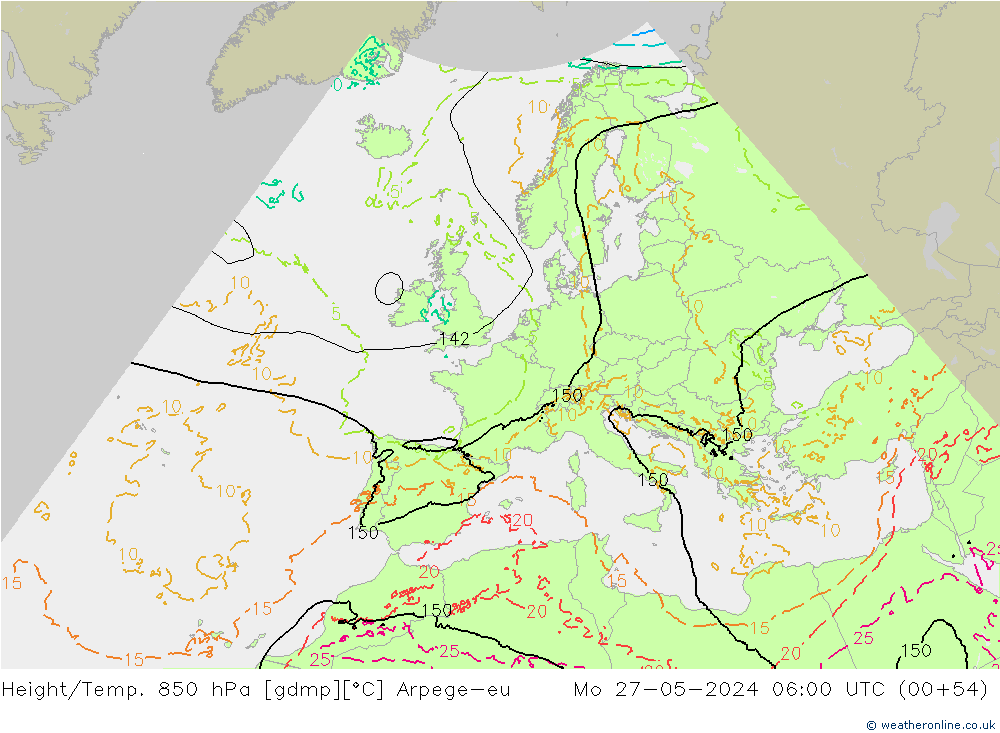 Height/Temp. 850 гПа Arpege-eu пн 27.05.2024 06 UTC