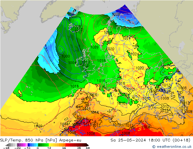 SLP/Temp. 850 hPa Arpege-eu Sa 25.05.2024 18 UTC