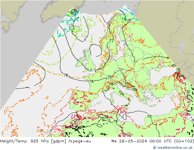 Yükseklik/Sıc. 925 hPa Arpege-eu Çar 29.05.2024 06 UTC