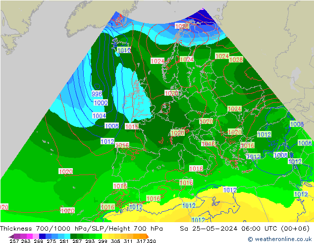 Thck 700-1000 hPa Arpege-eu so. 25.05.2024 06 UTC