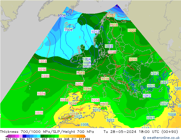 Thck 700-1000 hPa Arpege-eu Tu 28.05.2024 18 UTC