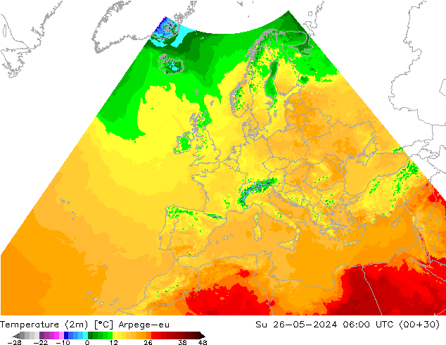 Temperatuurkaart (2m) Arpege-eu zo 26.05.2024 06 UTC