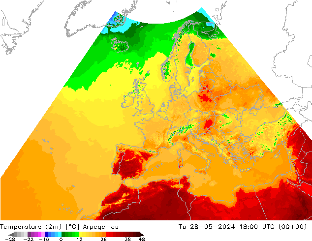 Temperature (2m) Arpege-eu Tu 28.05.2024 18 UTC