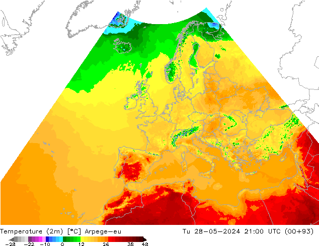 Sıcaklık Haritası (2m) Arpege-eu Sa 28.05.2024 21 UTC