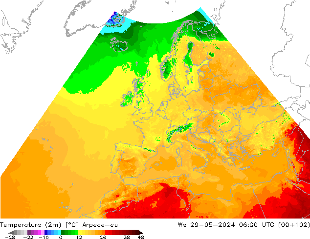 Sıcaklık Haritası (2m) Arpege-eu Çar 29.05.2024 06 UTC