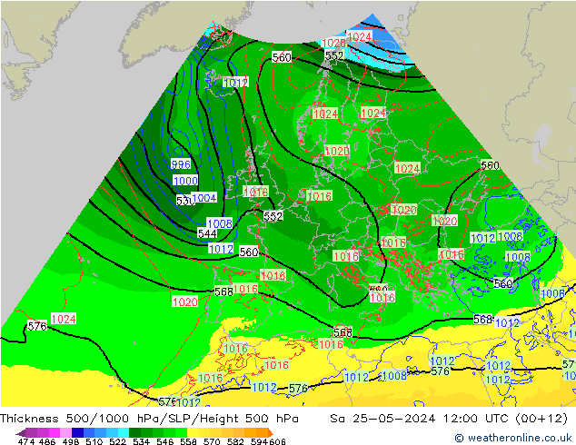 Espesor 500-1000 hPa Arpege-eu sáb 25.05.2024 12 UTC