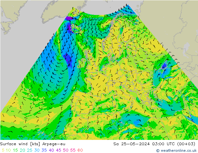 Vento 10 m Arpege-eu sab 25.05.2024 03 UTC