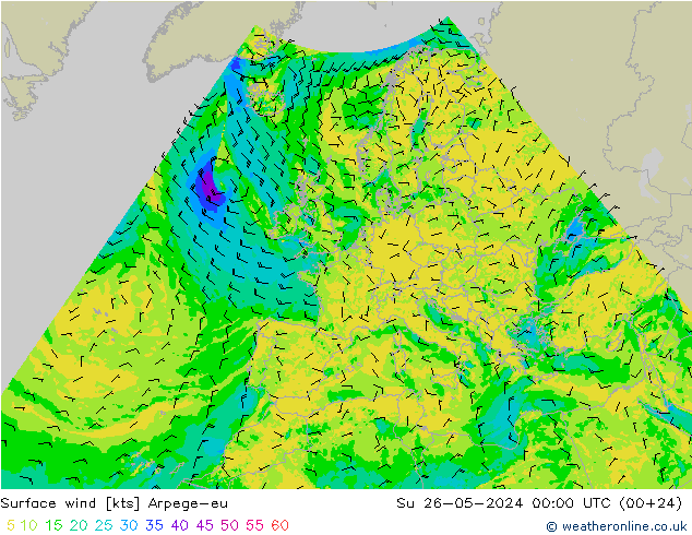 Viento 10 m Arpege-eu dom 26.05.2024 00 UTC