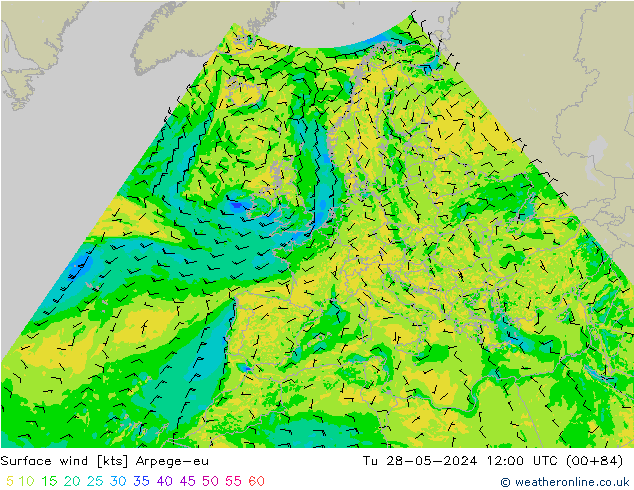 Surface wind Arpege-eu Tu 28.05.2024 12 UTC