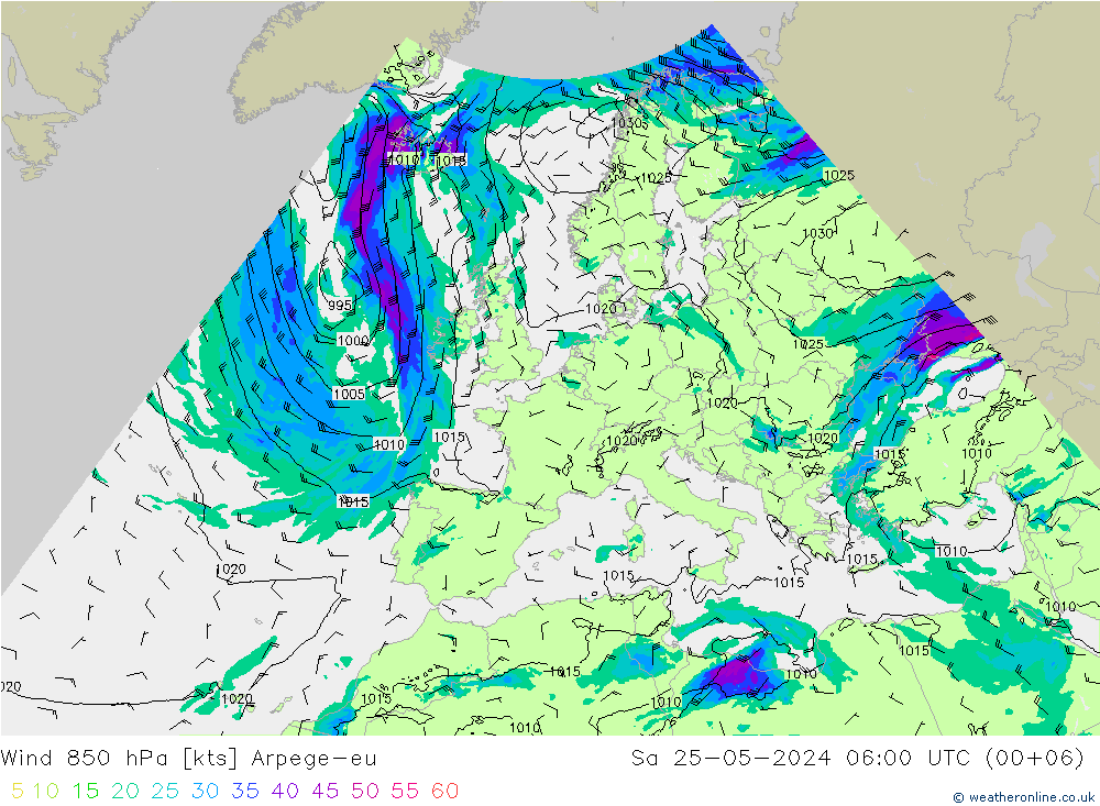 风 850 hPa Arpege-eu 星期六 25.05.2024 06 UTC