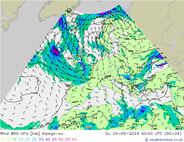 Wind 850 hPa Arpege-eu So 26.05.2024 00 UTC